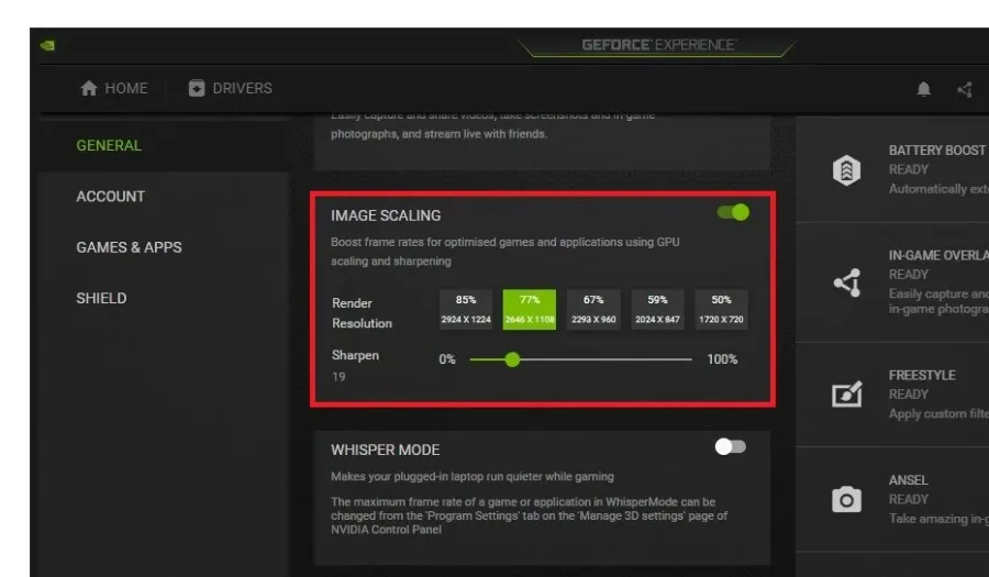 GeForce Experience > General Settings > Image Scaling