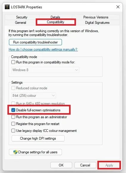 Disable Fullscreen Optimizations for Lost Ark