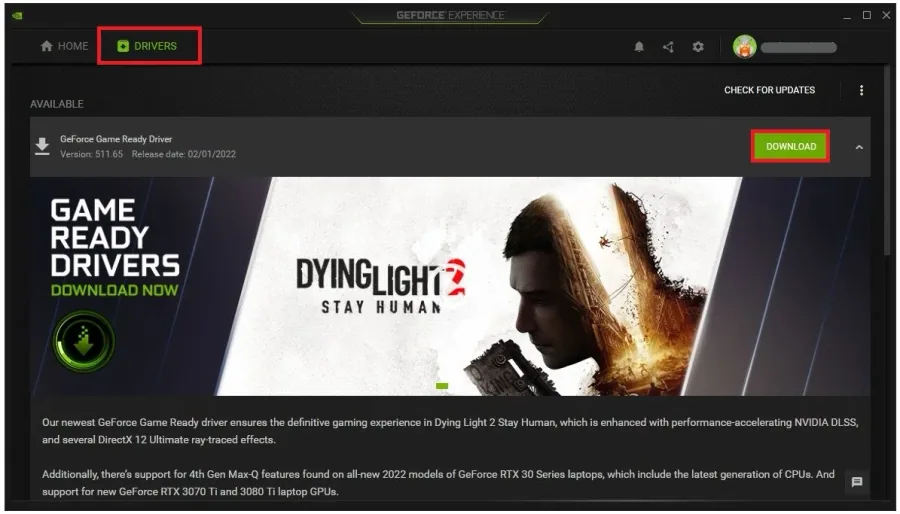 GeForce Experience > Drivers > Download