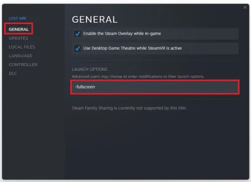 General Properties > Launch Options > -fullscreen