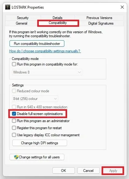 LOSTARK Properties > Disable full-screen optimisations