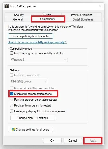 On this window, make sure that you’re in the Compatibility tab and select to Disa…