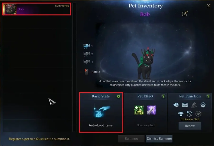 Pet Panel > Auto-Loot Items