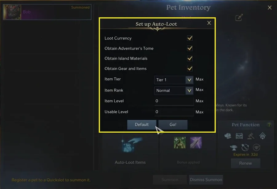 Set up Auto-Loot for Lost Ark Pets
