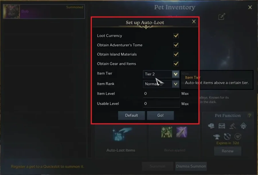 Set up Auto-Loot > Pet Function