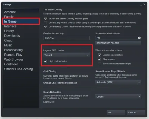 Steam Settings > In-Game > In-Game FPS Counter