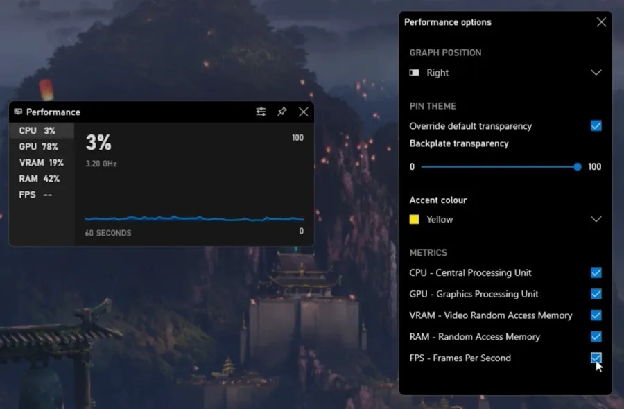 Xbox Game Bar Overlay > Performance Widget > Performance Options