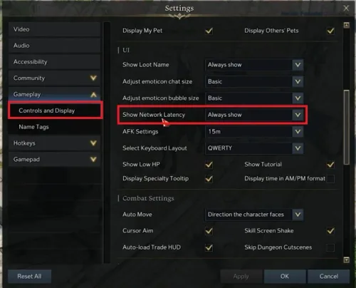 Lost Ark Settings > Gameplay > Controls and Display
