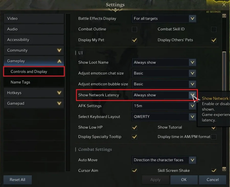 Lost Ark Settings > Gameplay > Controls and Display