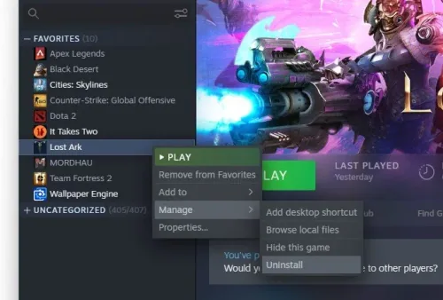 Stean Library > Lost Ark (Beta) > Manage > Uninstall