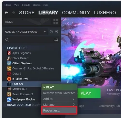 Steam Library > Lost Ark > Properties