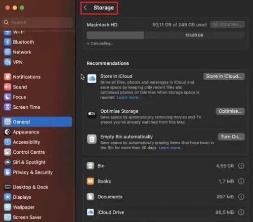 System Settings > General > Storage