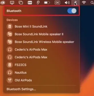 Menu bar > Bluetooth