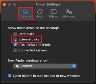 Finder Settings > General > External disks