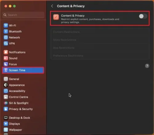 System Settings > Screen Time > Content & Privacy