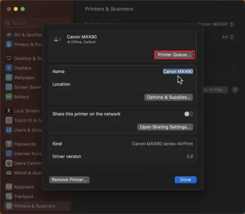 System Settings > Printers & Scanners > Printer Queue