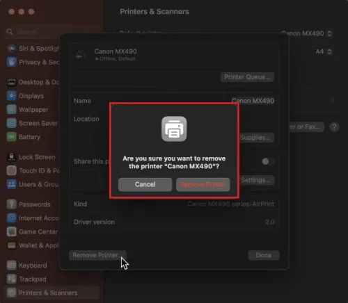 System Settings > Printers & Scanners > Remove Device