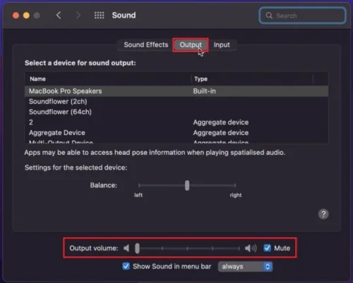 System Settings > Sound > Output