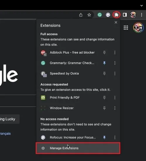 Google Chrome > Manage Extensions