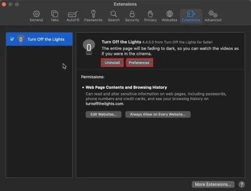 Safari Settings > Extensions > Uninstall Extension