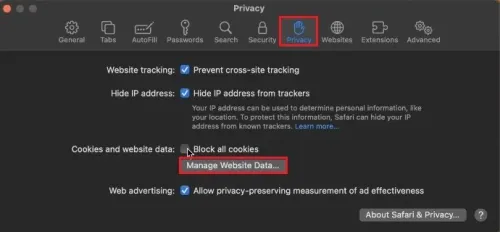 Safari Settings > Privacy > Manage Website Data …