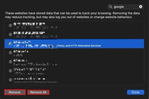 Manage Website Data … > Remove site data