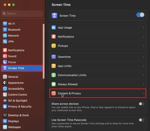 System Settings > Screen Time > Content & Privacy