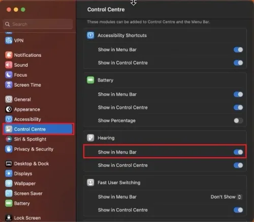 System Settings > Control Centre > Hearing
