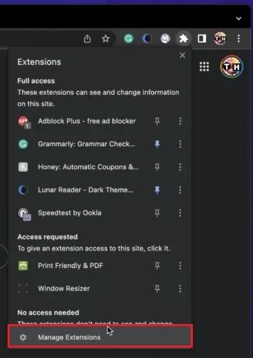 Google Chrome > Manage Extensions