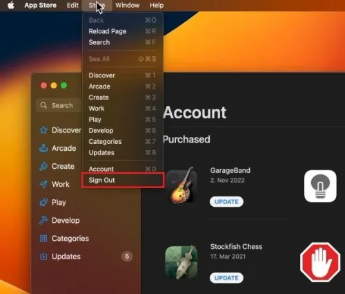 App Store > Store > Sign Out