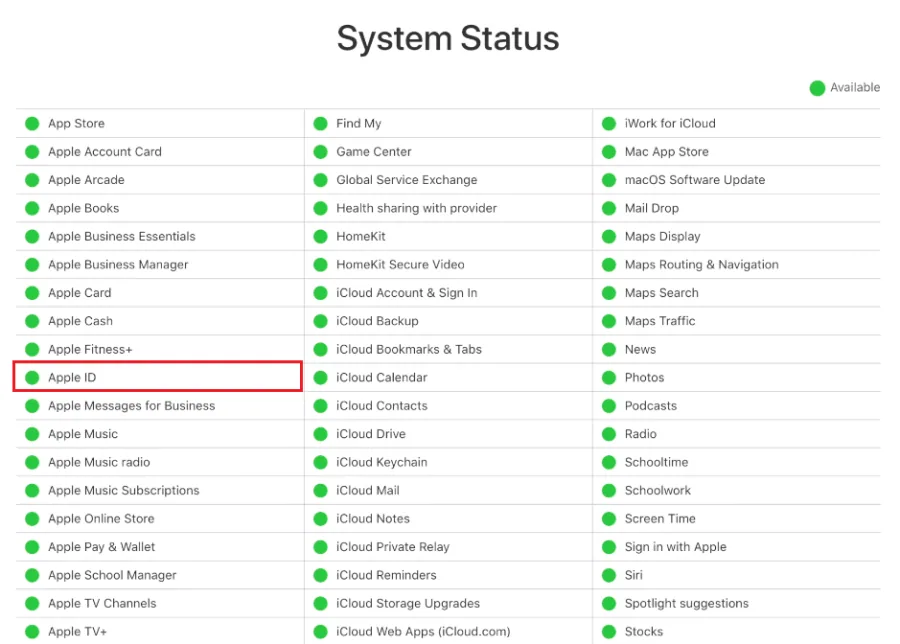 Apple System Status Page