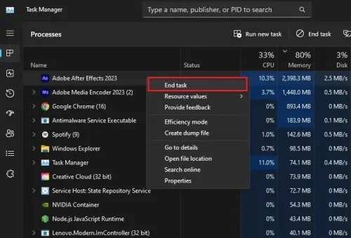 Task Manager > Processes
