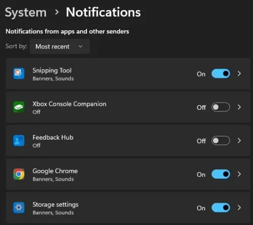 Windows Settings > System > Notifications