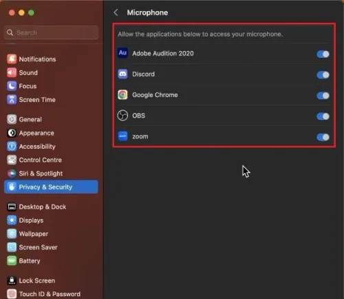 System Settings > Privacy & Security > Microphone