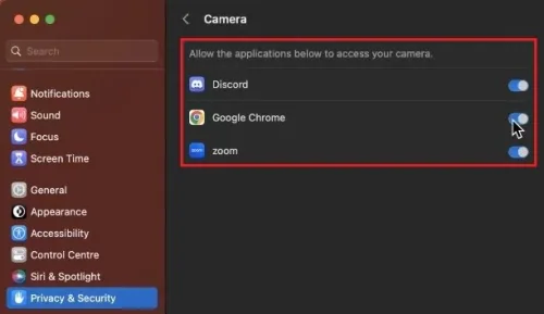System Settings > Privacy & Security > Camera