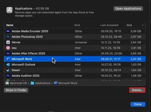 System Settings > General > Storage > Applications