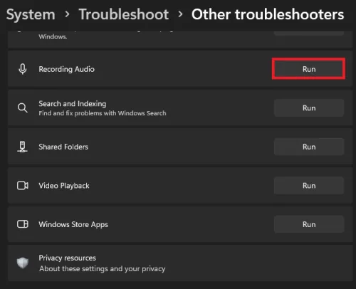 System Settings > Troubleshoot > Other Troubleshooters > Recording Audio