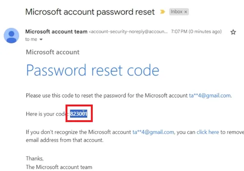 password reset code