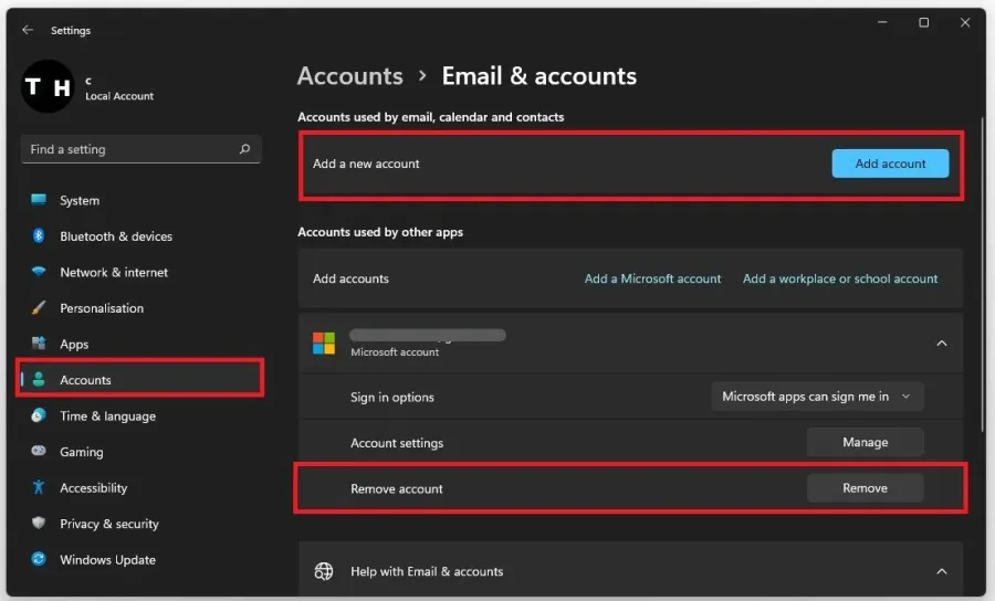 Windows Settings > Accounts > Email & Accounts