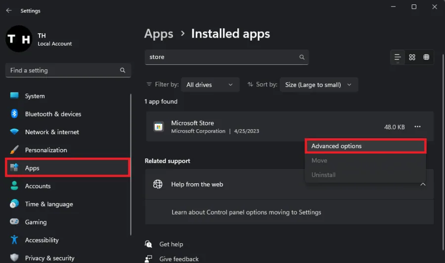 microsoft store advanced options