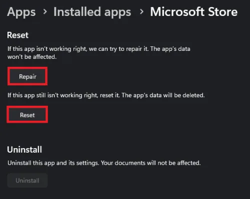 repair the Microsoft Store app