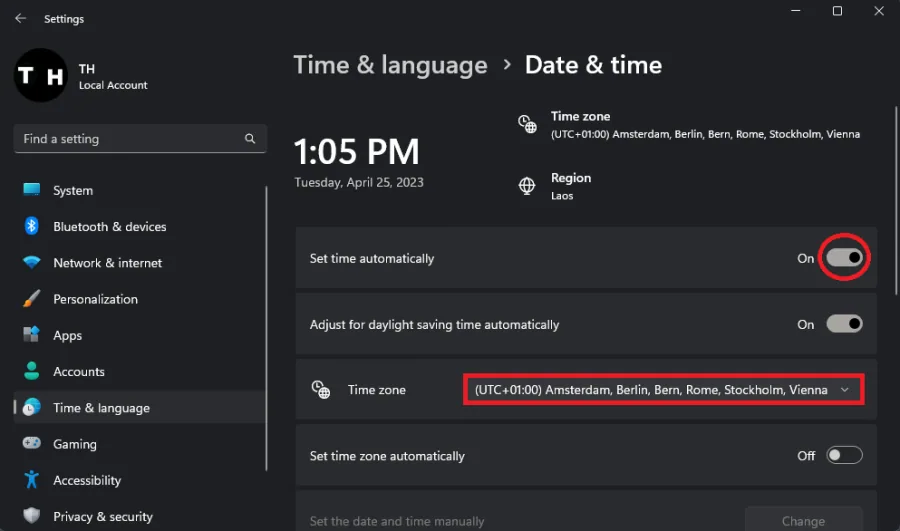 windows time and date settings