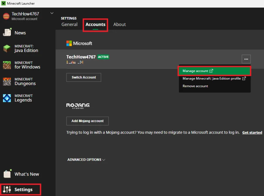 minecraft account settings