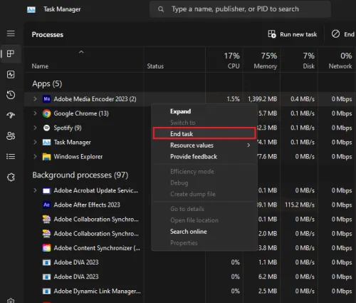 Task Manager > Processes
