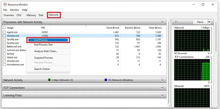 Resource Monitor > Network > Processes with Network Activity