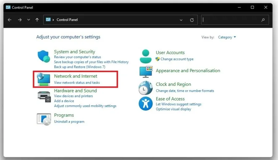 Control Panel > Network and Internet