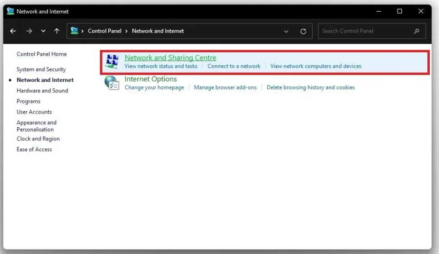 Network and Internet > Network and Sharing Centre
