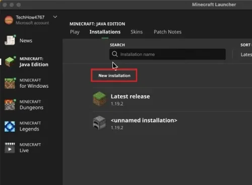 Minecraft launcher > Installation > New installation
