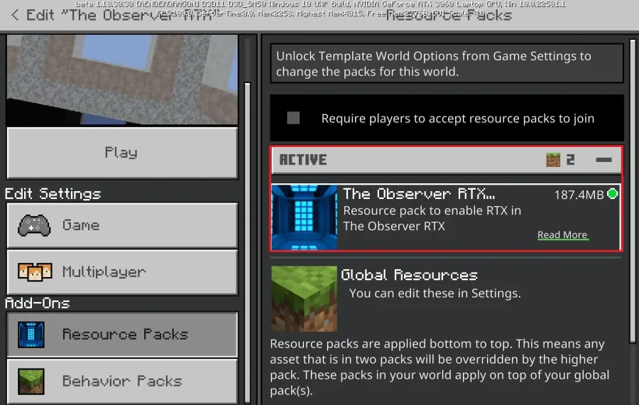 Create a new world with RTX ray tracing enabled