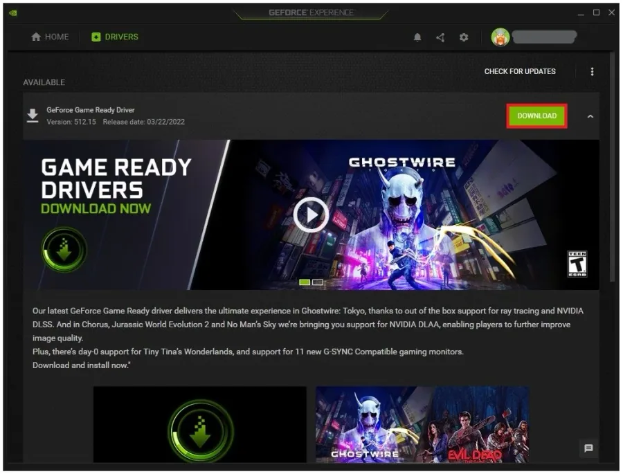GeForce Experience > Drivers > Download